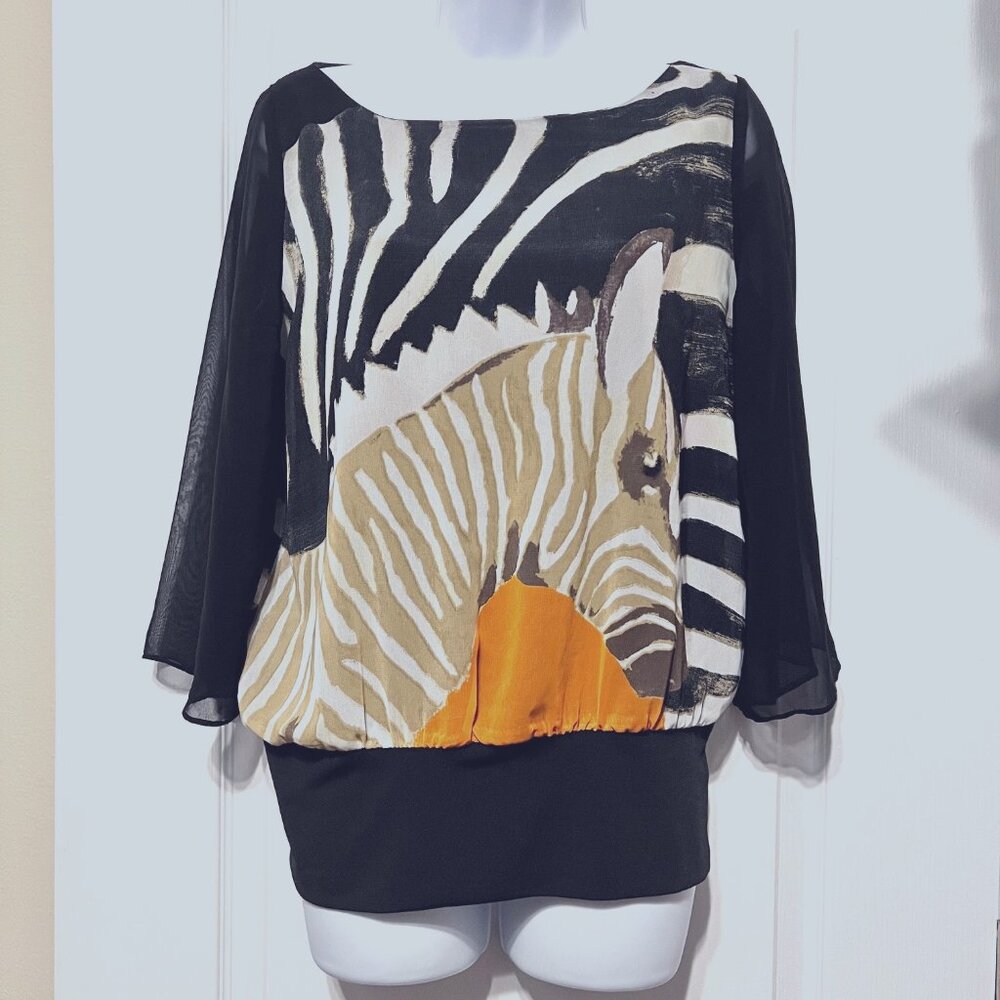 Very Vollbrach Women's Blouse-Sheer Sleeves-Size Small-Black/Zebra Print-Baggy